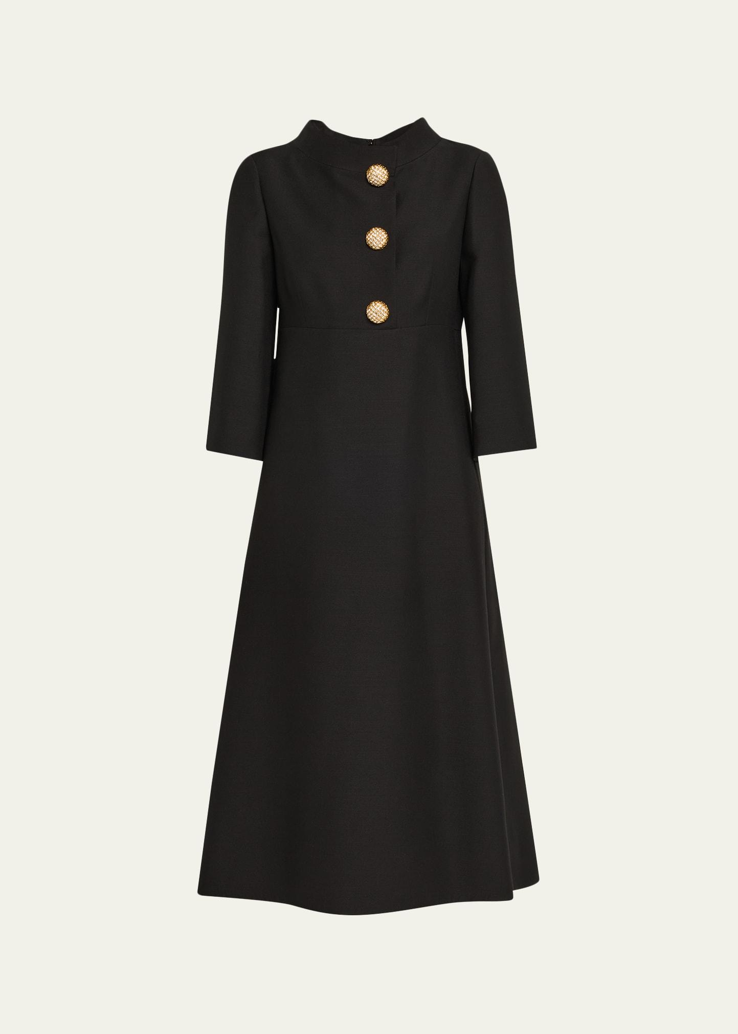 strass button high-neck crepe midi dress