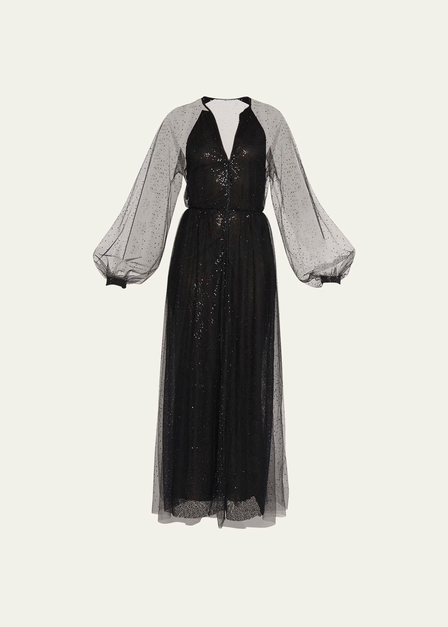 strass tulle-overlay sequin silk gown