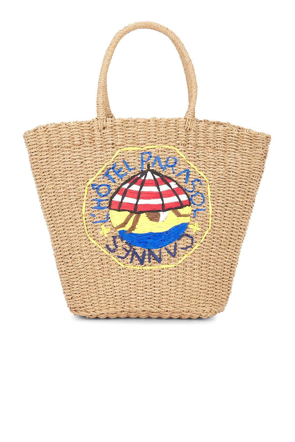 straw market bag with l'hotel embroidery