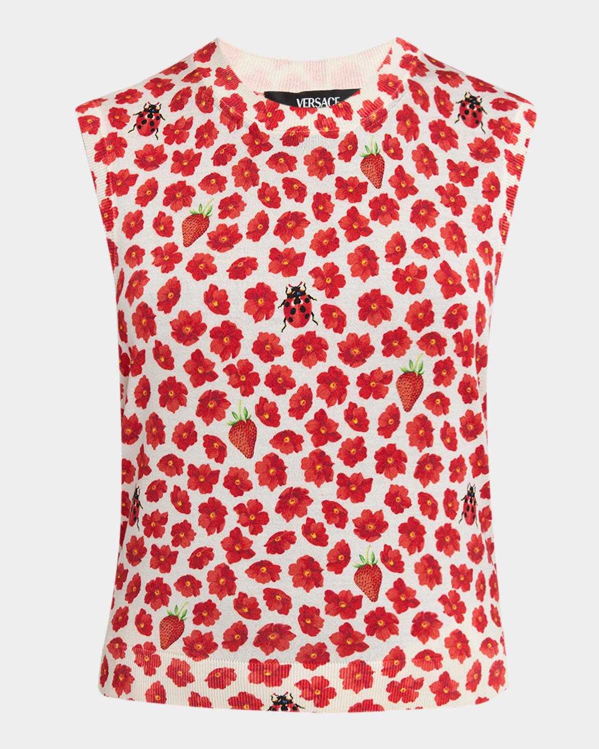 strawberry garden print silk knit tank top