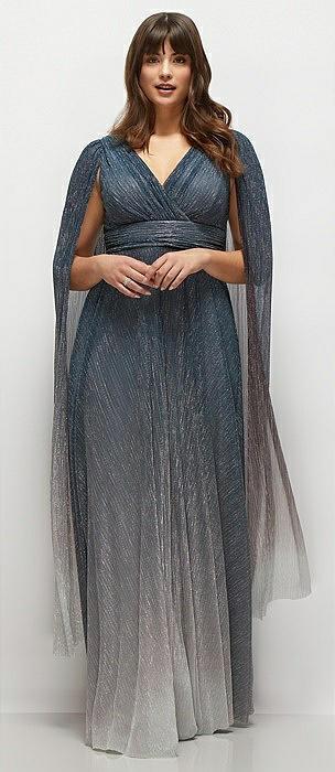 streamer sleeve ombre pleated metallic maxi dress