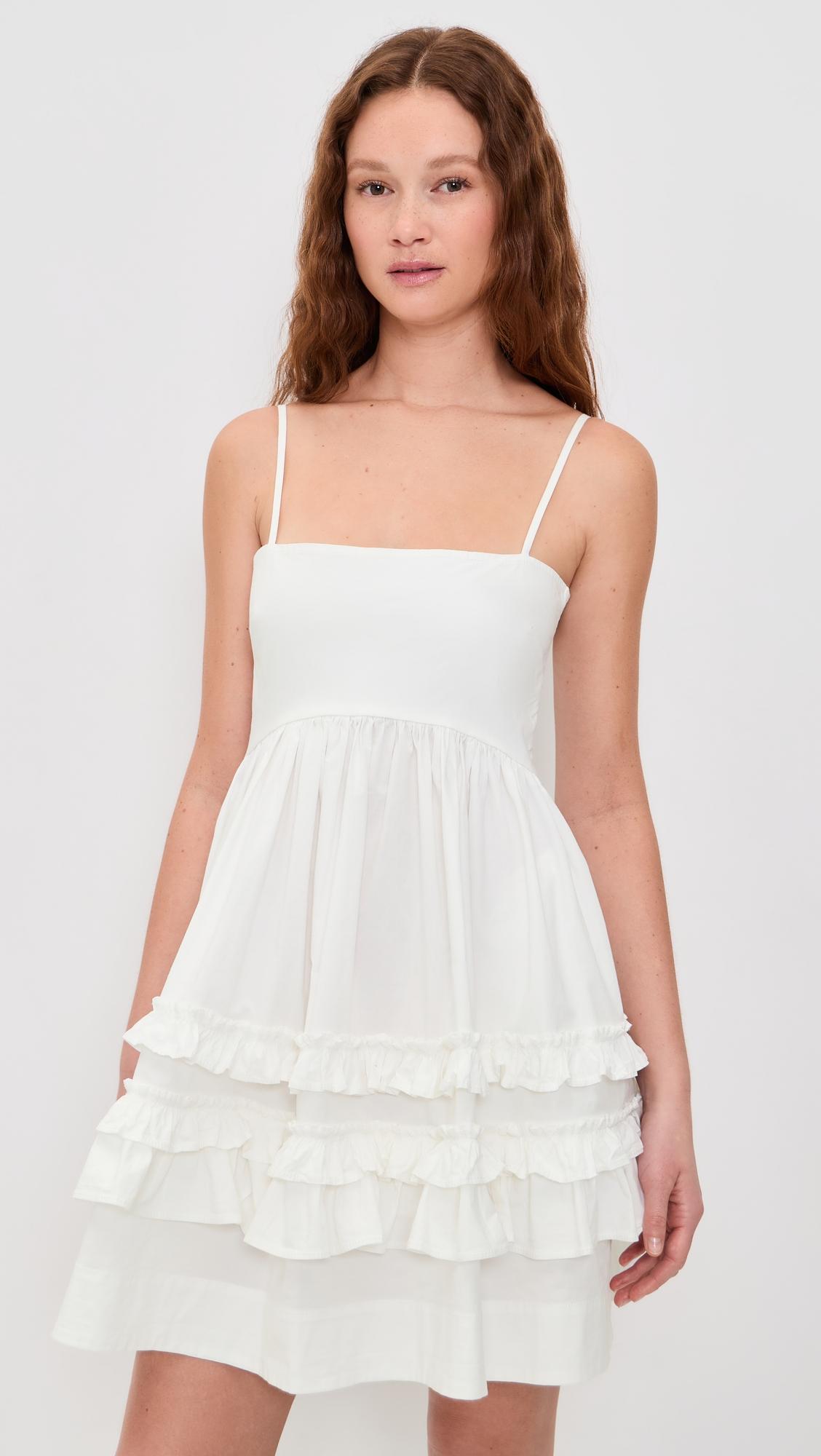 stretch cotton mini strap dress with frill