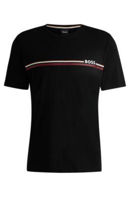 stretch-cotton pajama t-shirt with stripe and logo- black men's nightwear