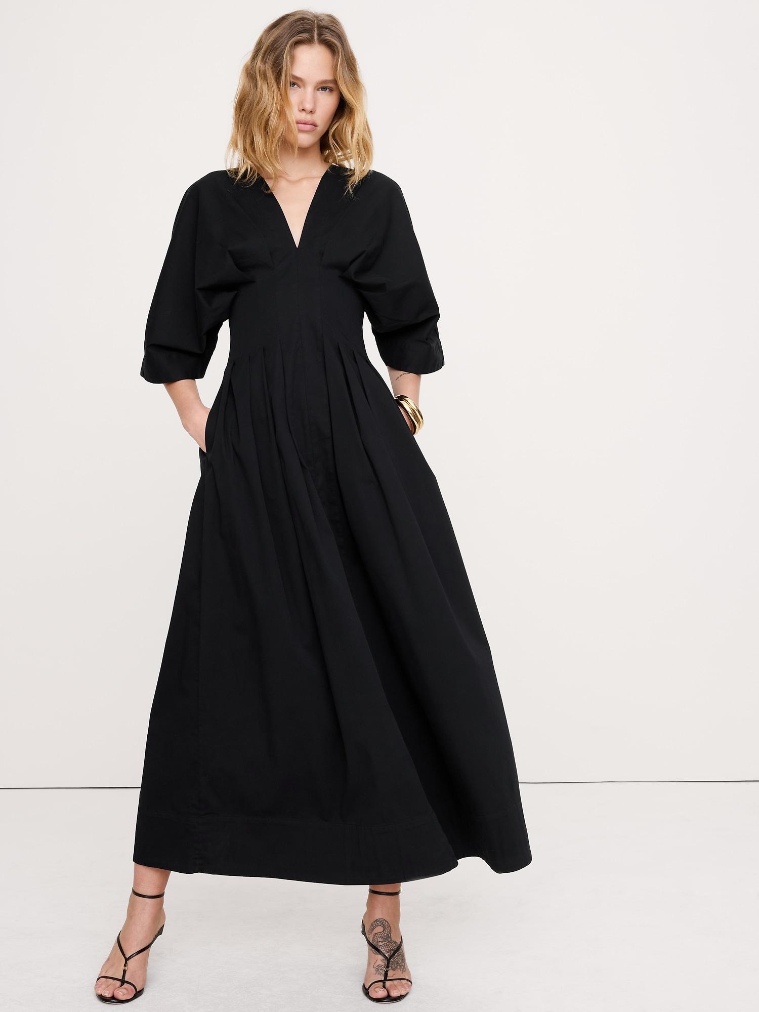 stretch-cotton pleated maxi dress