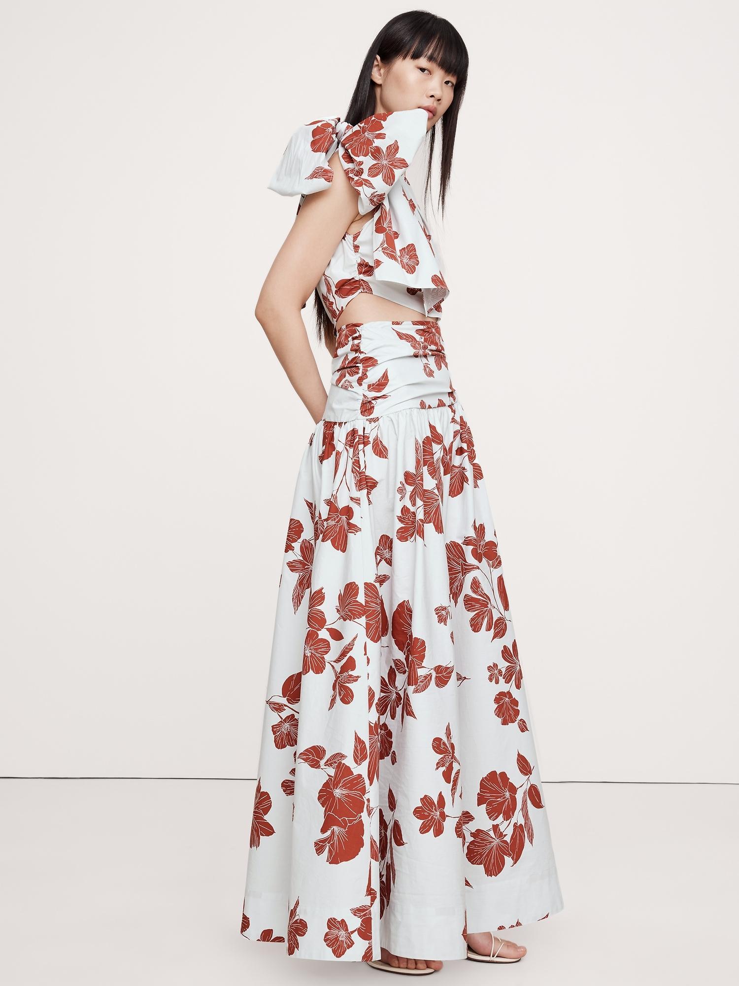 stretch-cotton poplin one-shoulder drop-waist maxi dress