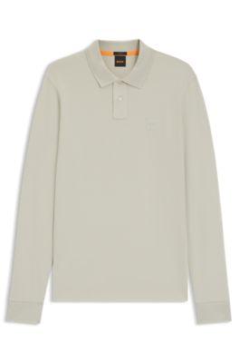 stretch-cotton slim-fit polo shirt with logo patch- light beige men's polo shirts
