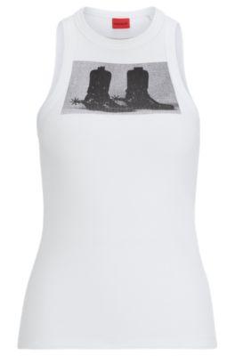 stretch-cotton slim-fit tank top with boot print- white women's casual tops