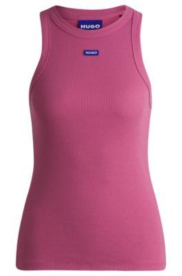 stretch-cotton slim-fit top with blue logo badge- pink women's casual tops