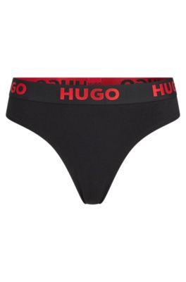 stretch-cotton thong with logo waistband- black women's underwear, pajamas, and socks
