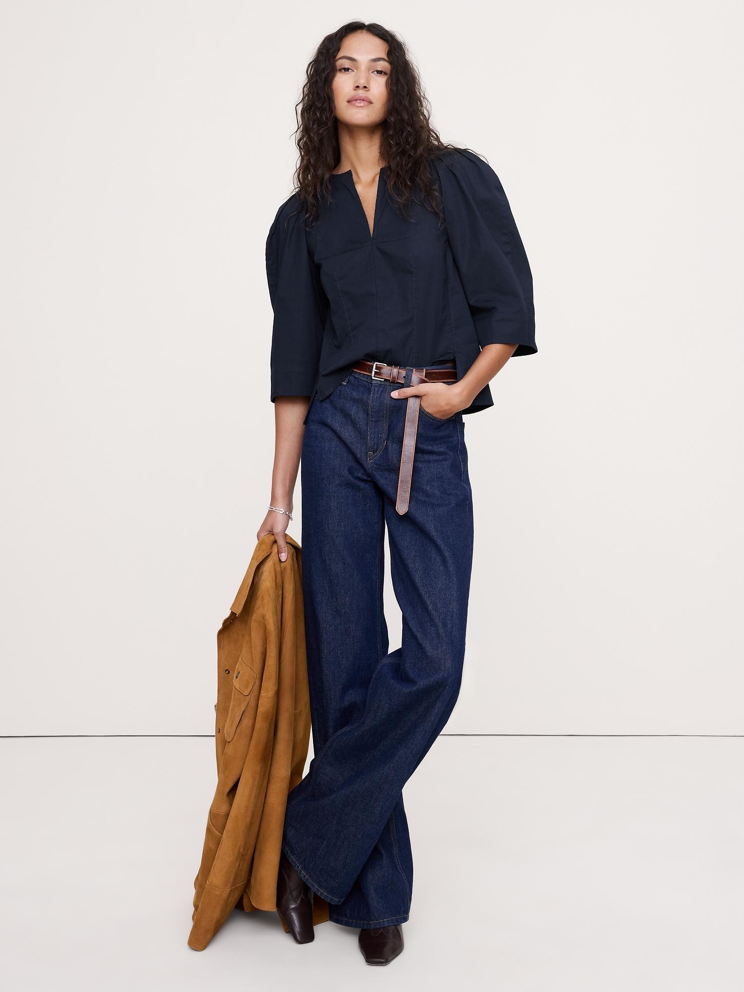 stretch-cotton volume-sleeve top