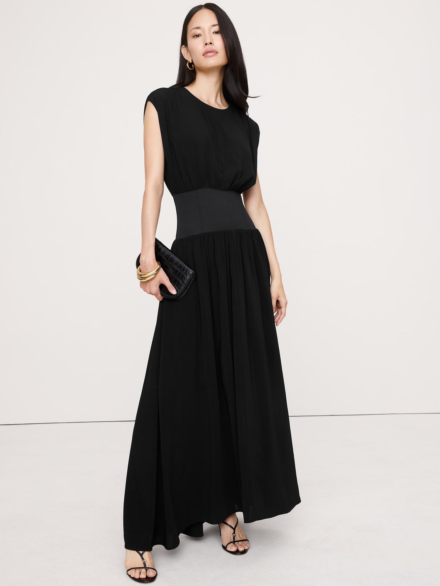 stretch-crepe drop-waist maxi dress