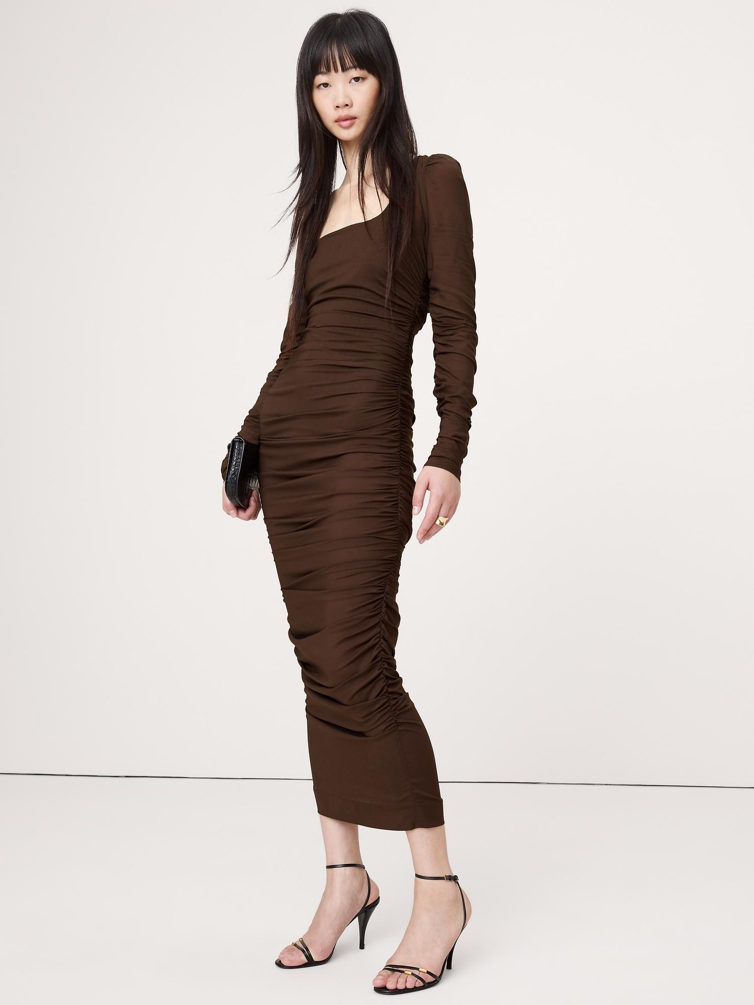 stretch-crepe ruched midi dress