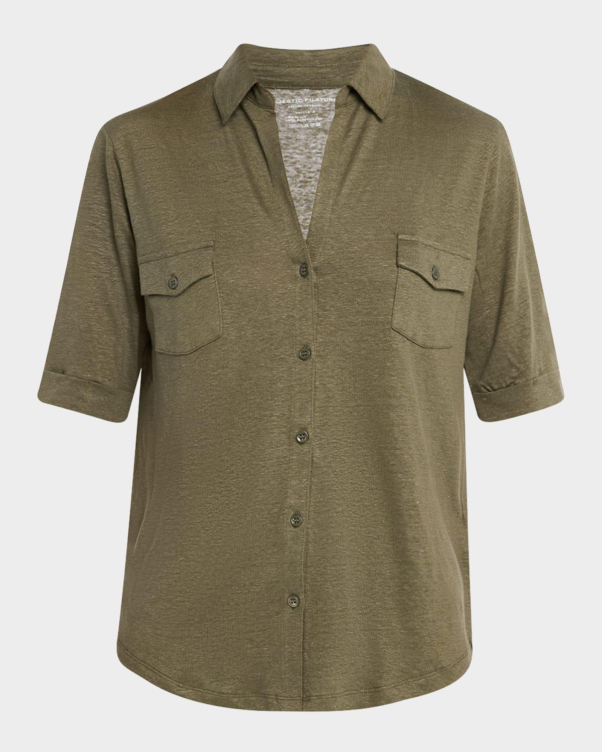 stretch linen 3/4-sleeve pocket shirt