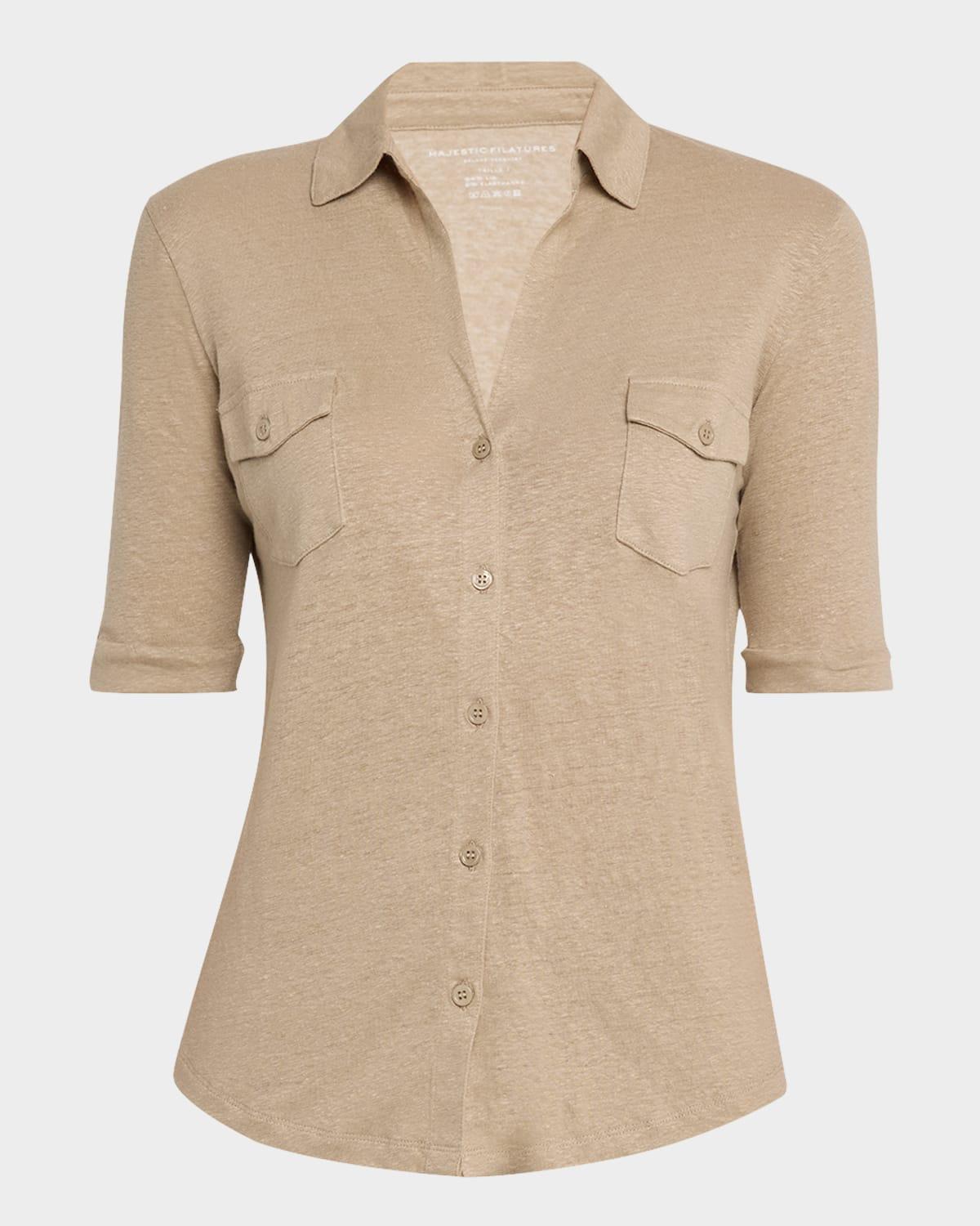 stretch linen 3/4-sleeve pocket shirt