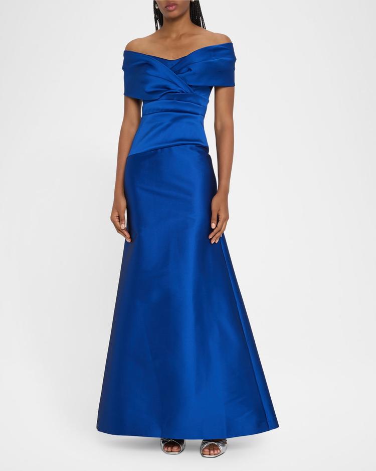 stretch mikado portrait draped a-line gown