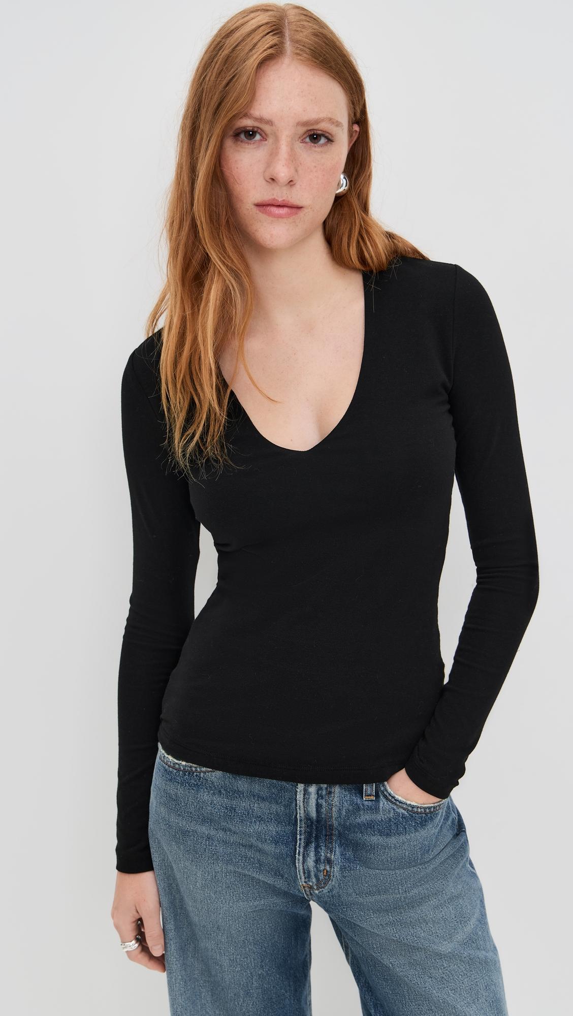 stretch rib double front deep v tee