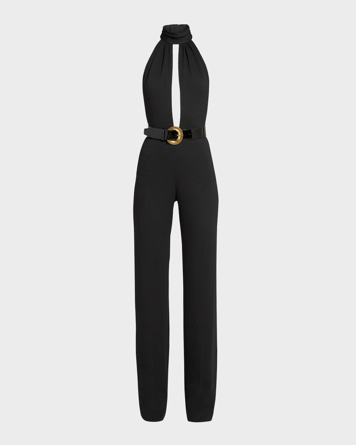 stretch sable belted halter jumpsuit
