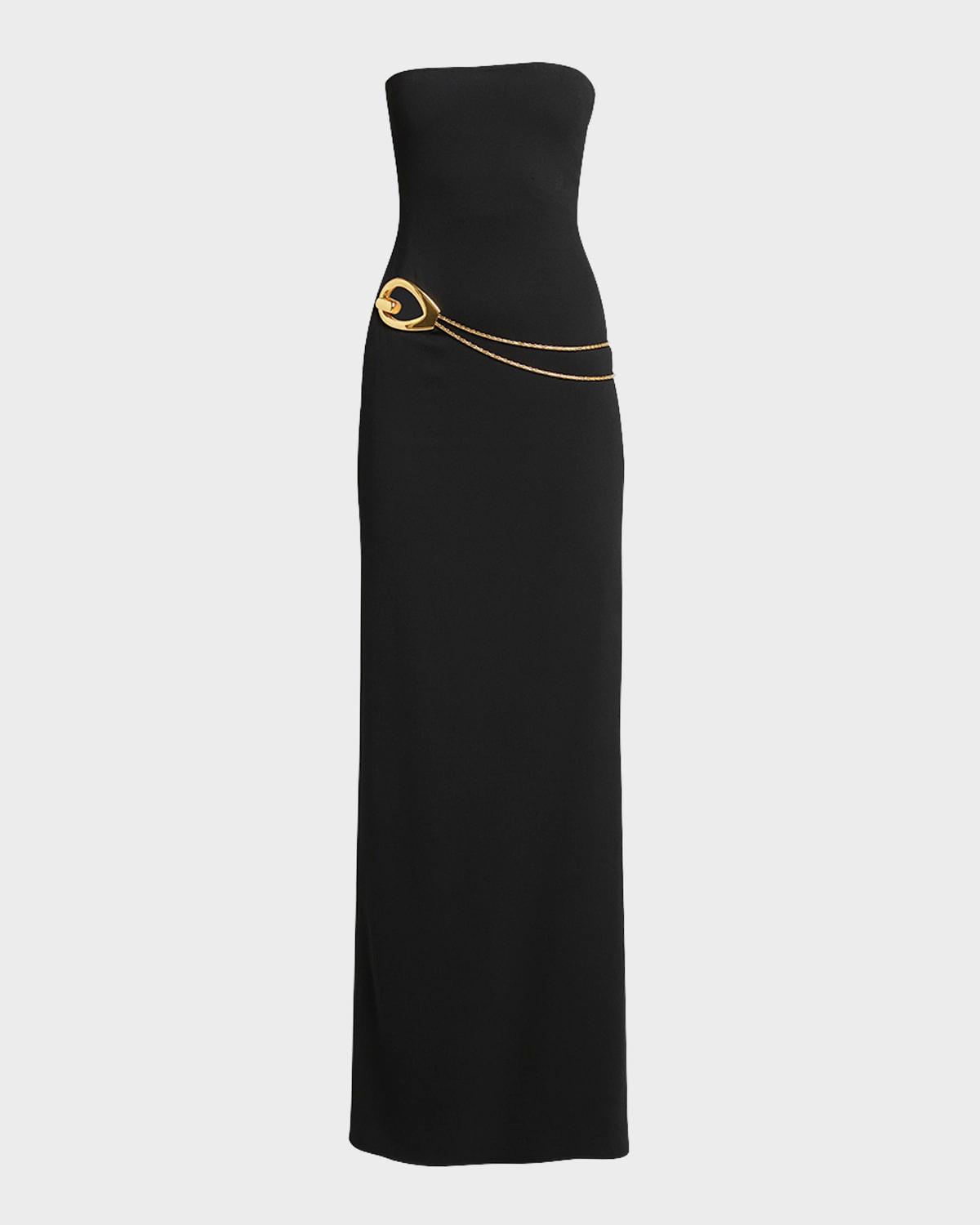 stretch sable strapless evening dress with cutout detail