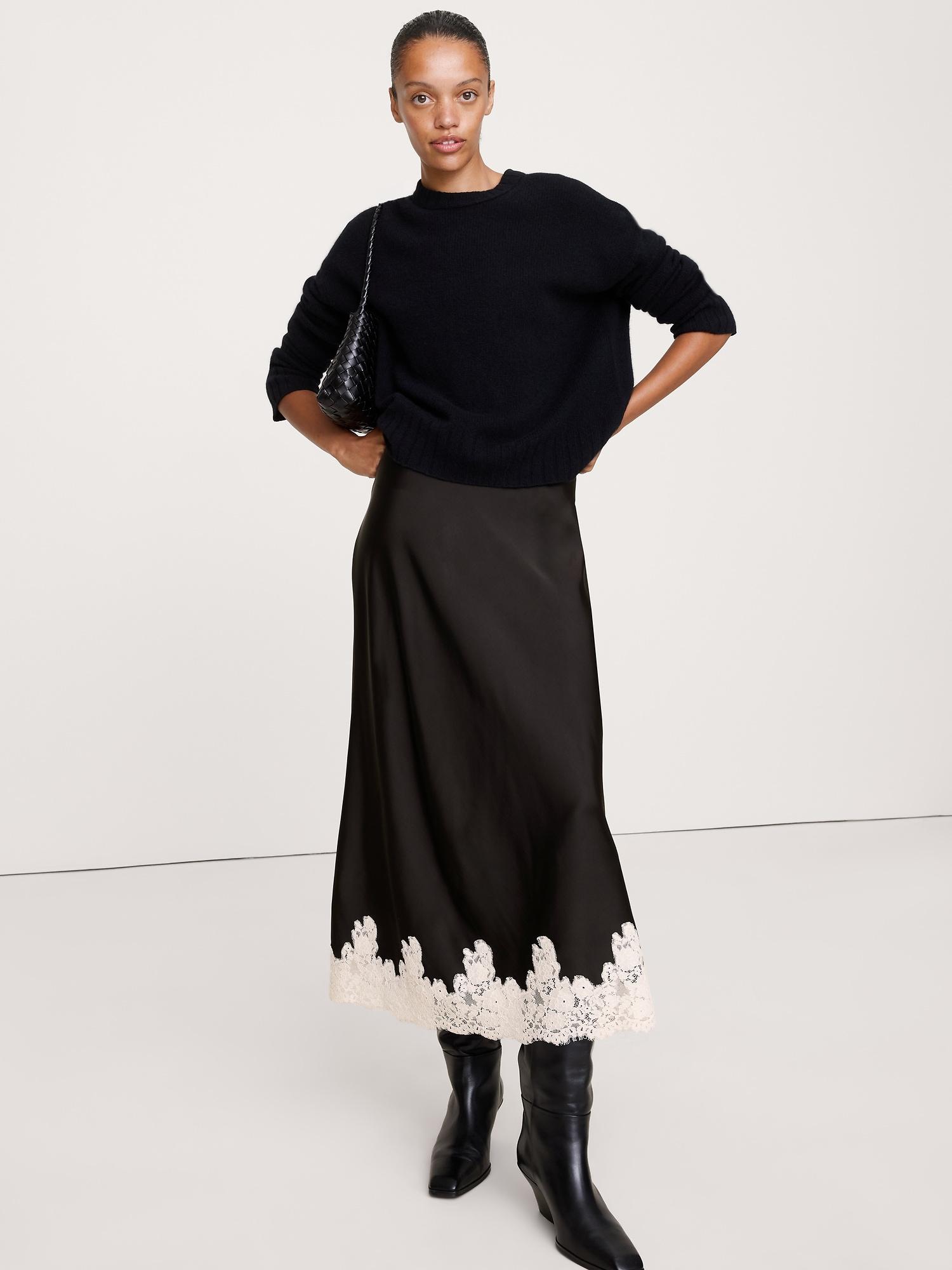 stretch-satin lace-hem midi skirt