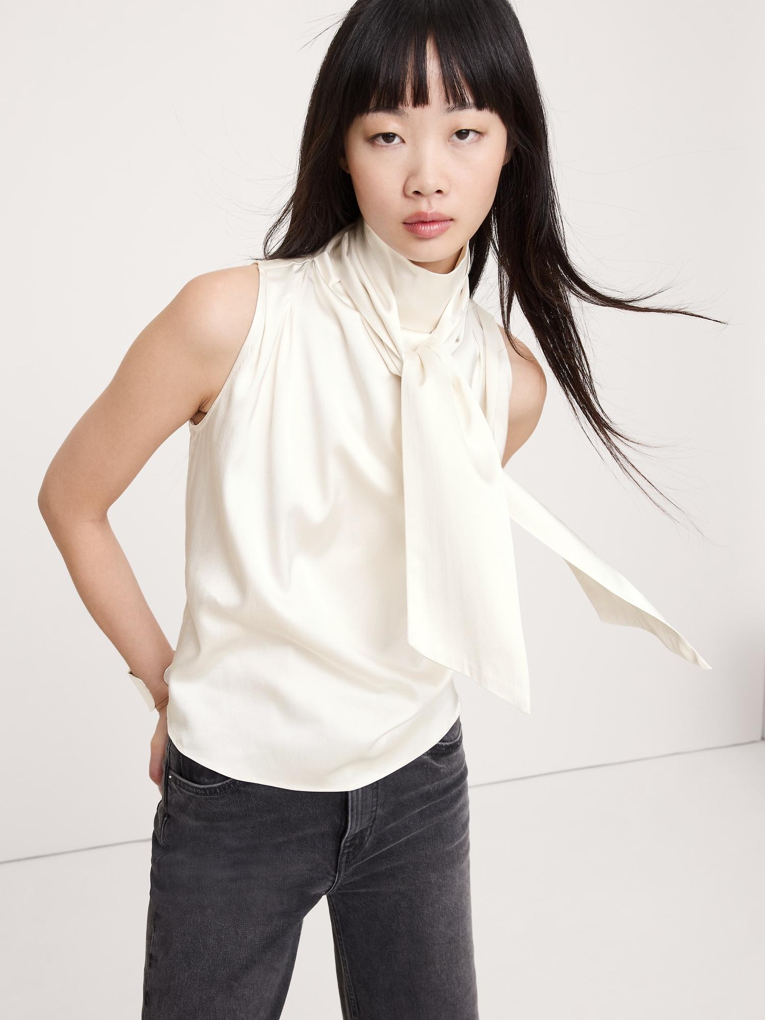 stretch-satin tie-neck top
