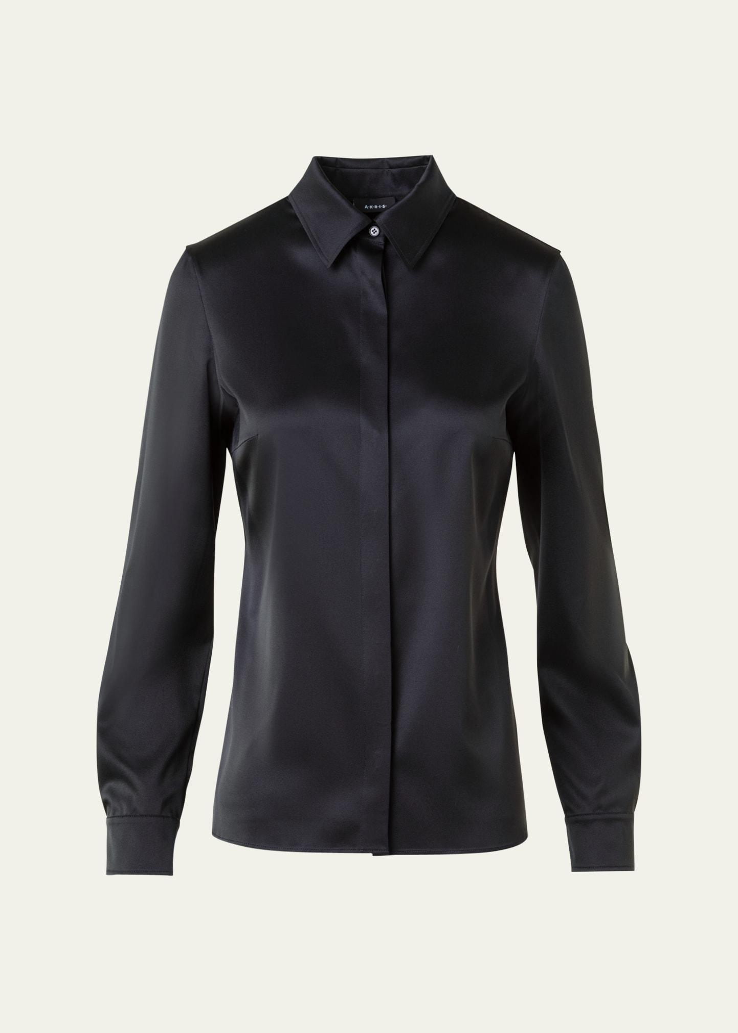 stretch silk satin button-down blouse