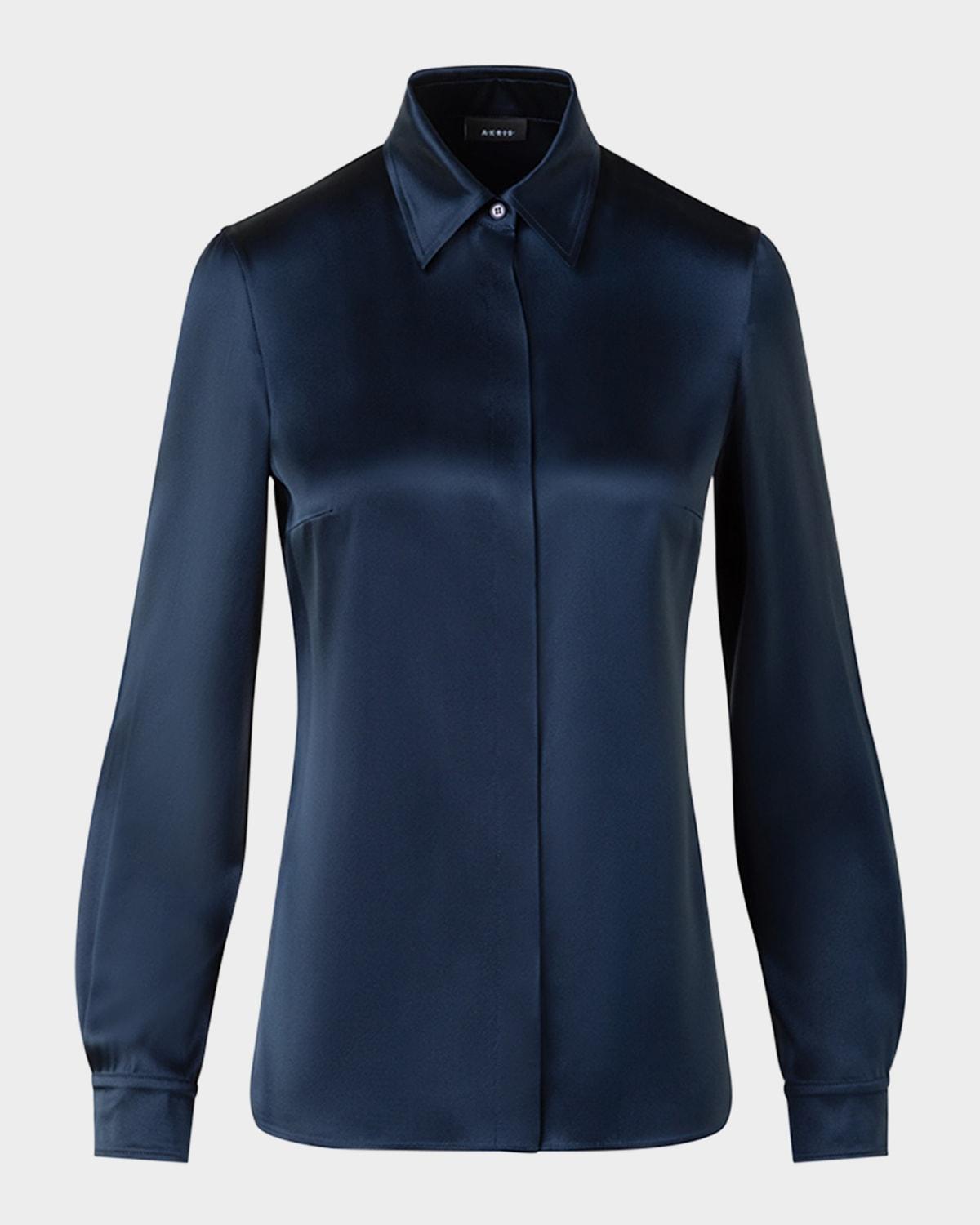 stretch silk satin button-down blouse