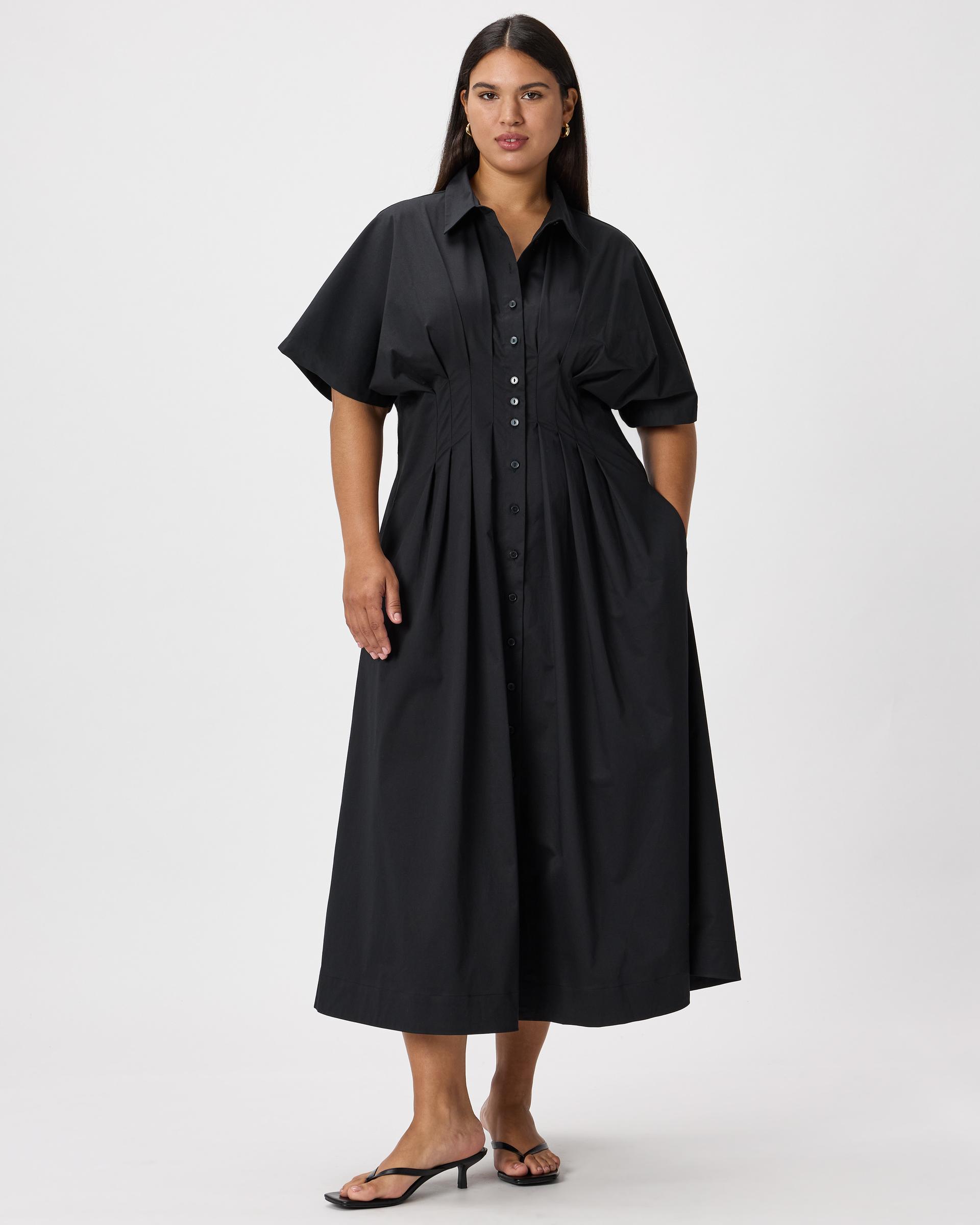 stretch twill pleated midi shirt dress