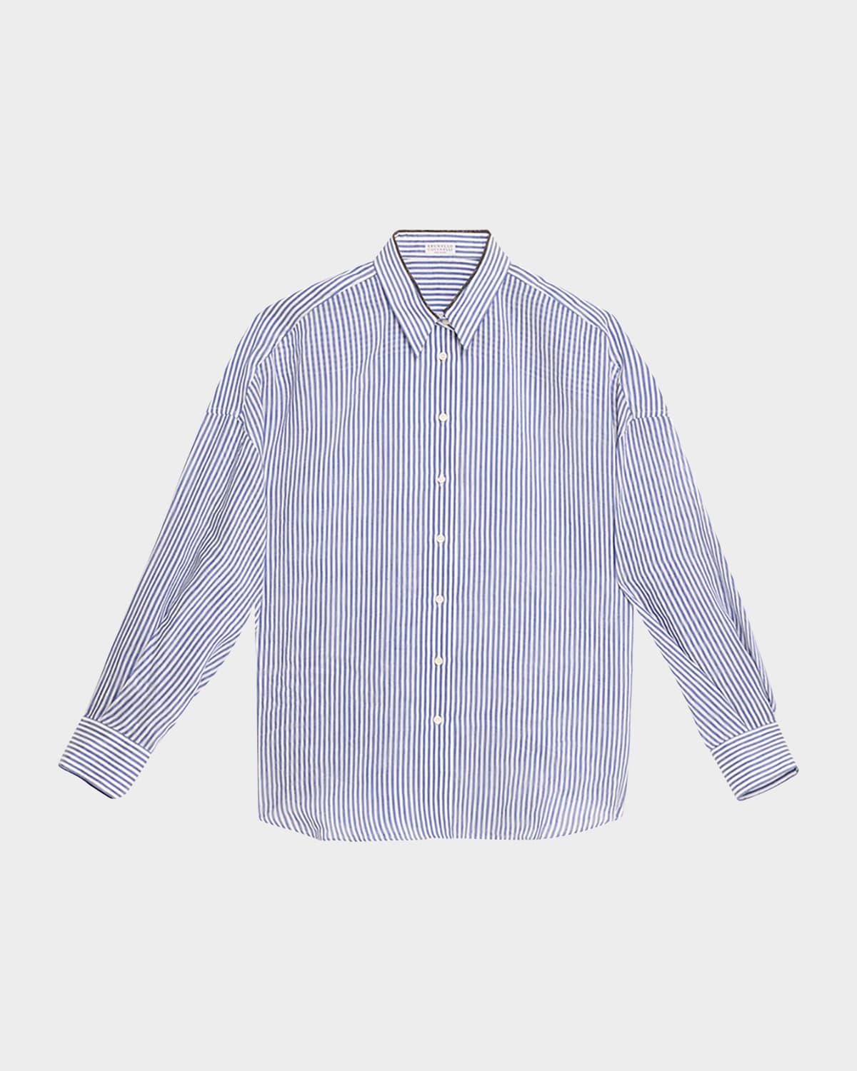 stripe button down linen shirt with piping collar