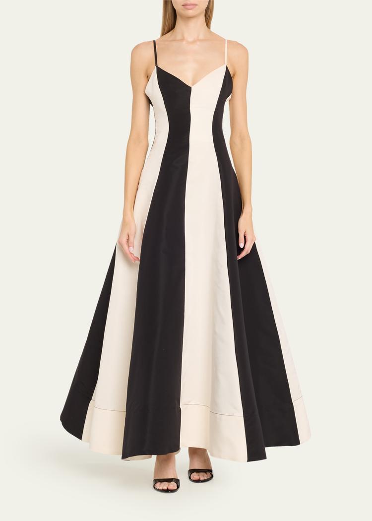 Christopher John Rogers Stripe Colorblock V-Neck Evening Gown – Silk gown with V neckline, adjustable straps, side slip pockets, and full-length A-line silhouette.