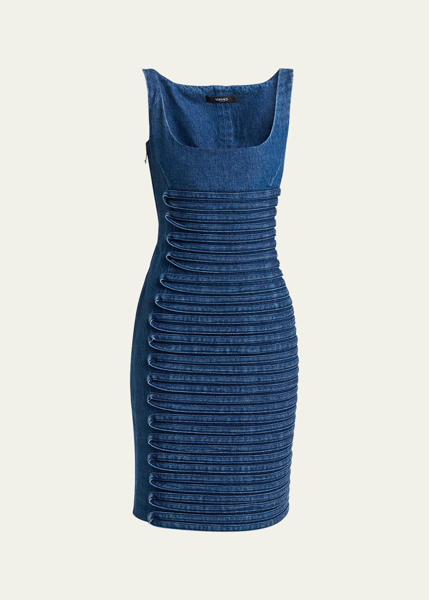 stripe embroidered sleeveless denim dress