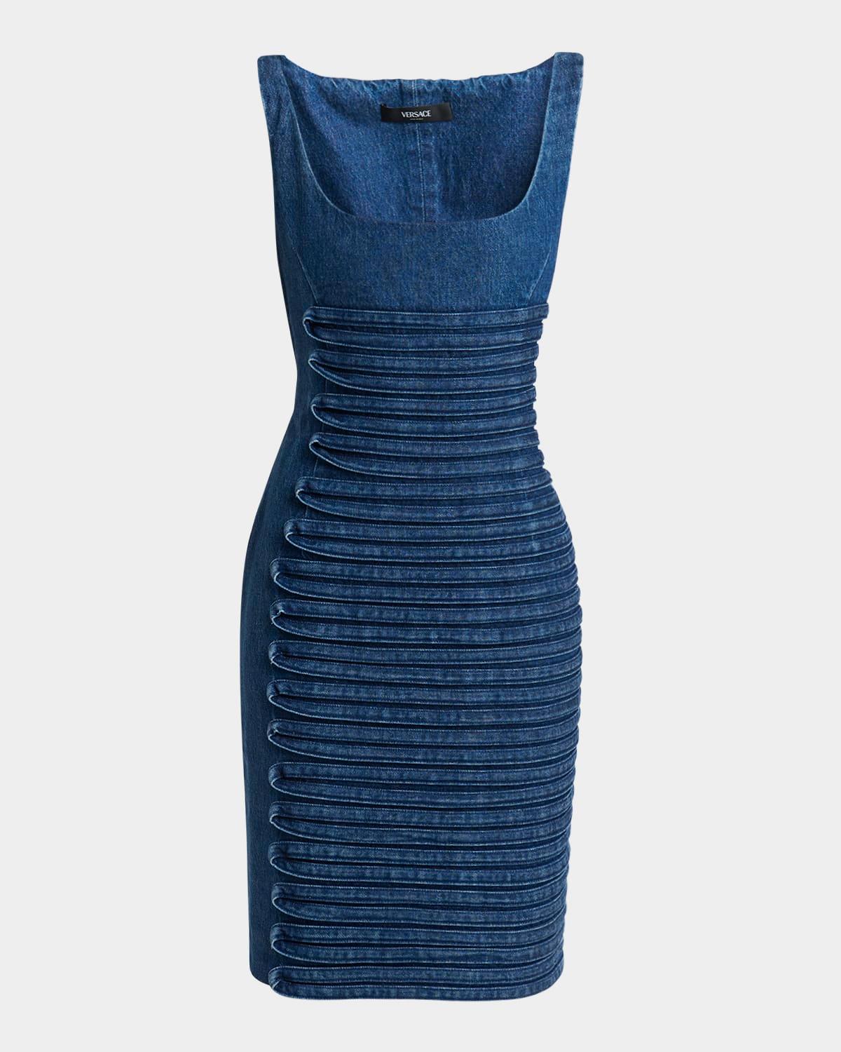 stripe embroidered sleeveless denim dress