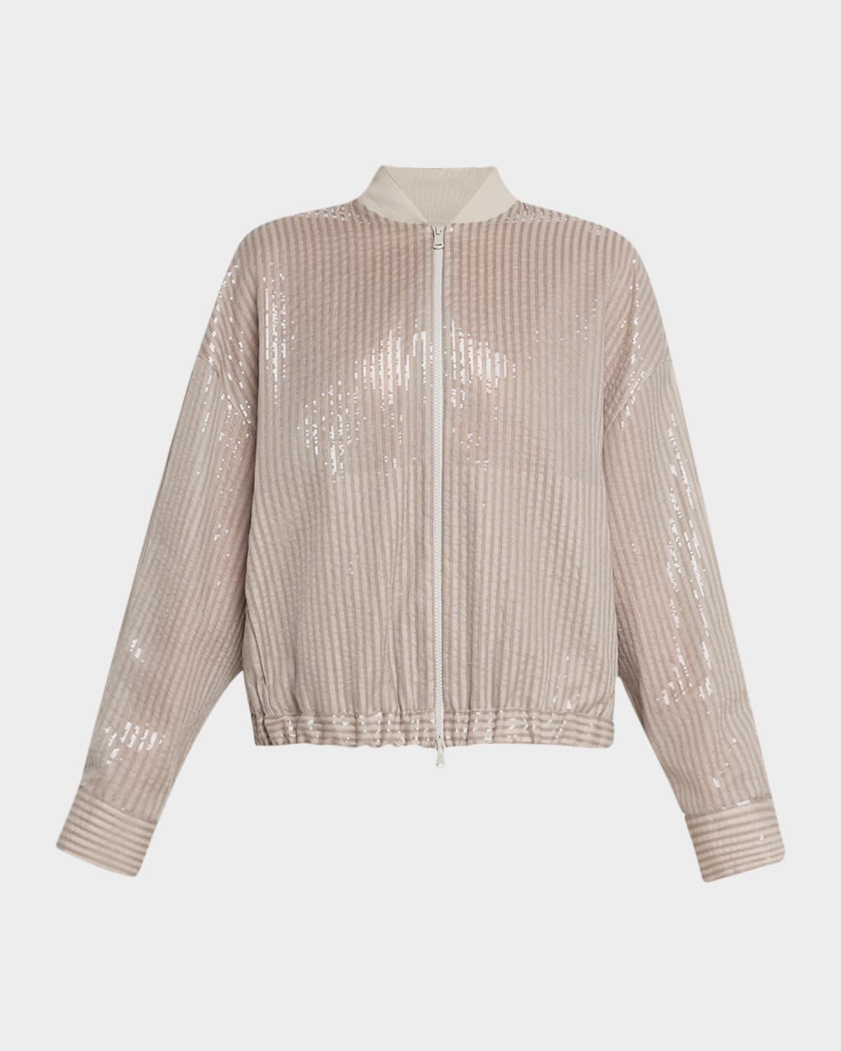 stripe sequined organza bomber jacket