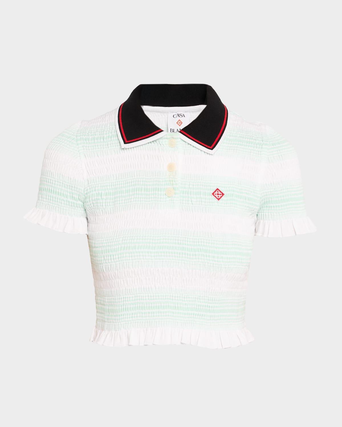 stripe shirred crop polo shirt