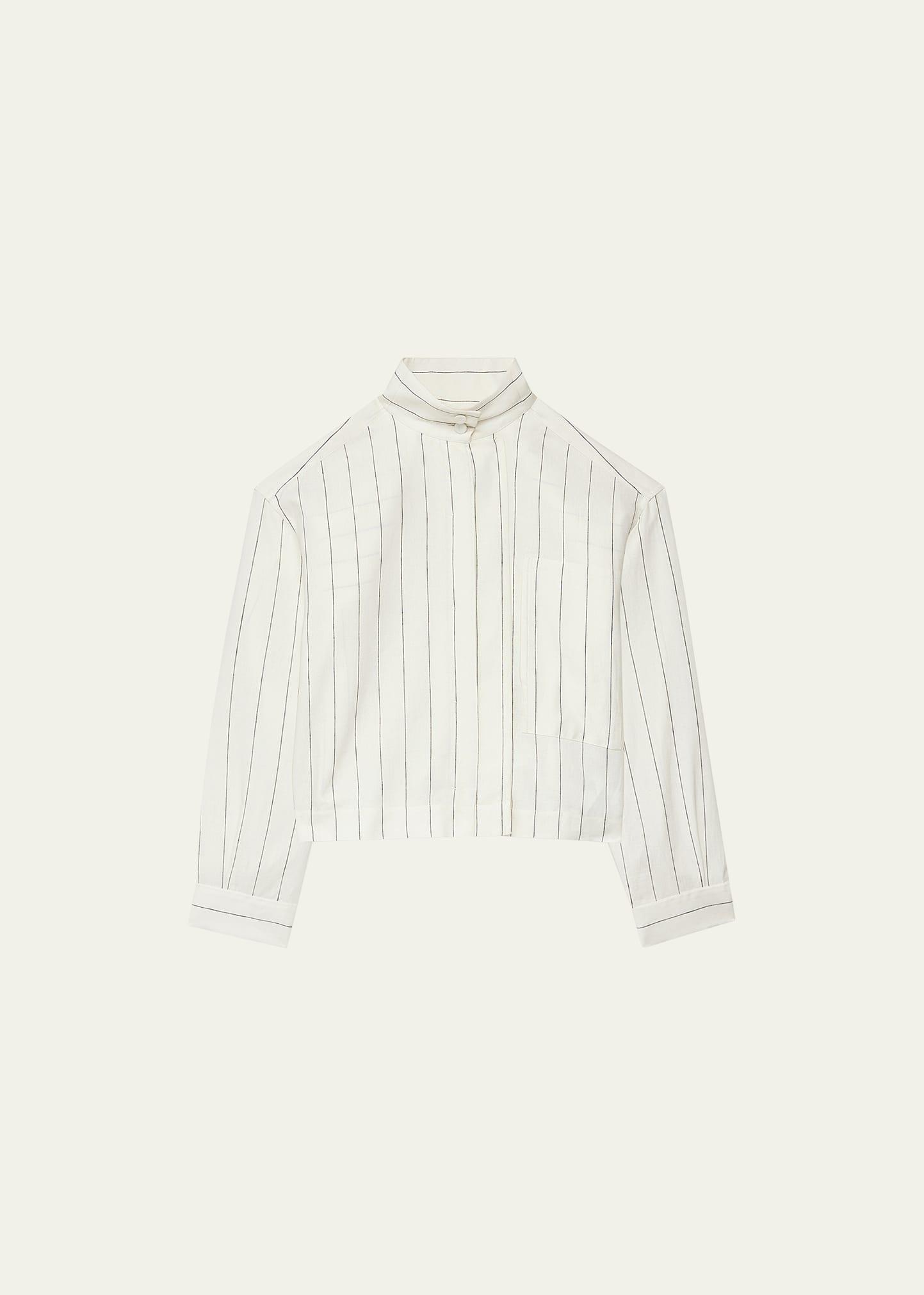 stripe stand-collar crop linen shirt