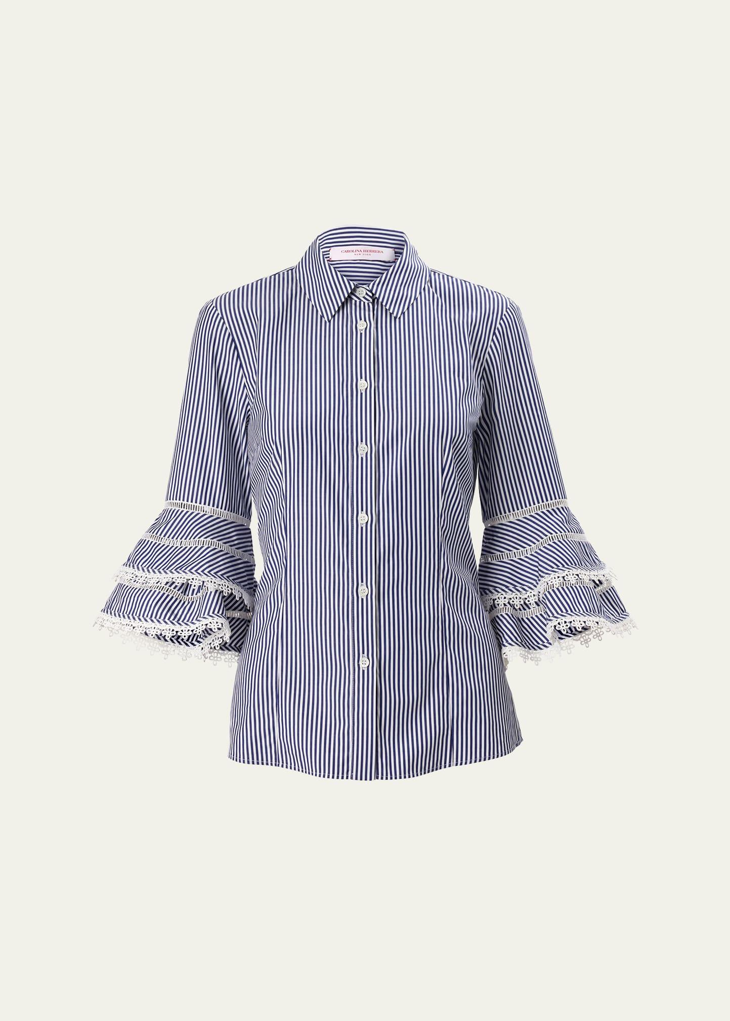 stripe tiered ruffle sleeve button down top