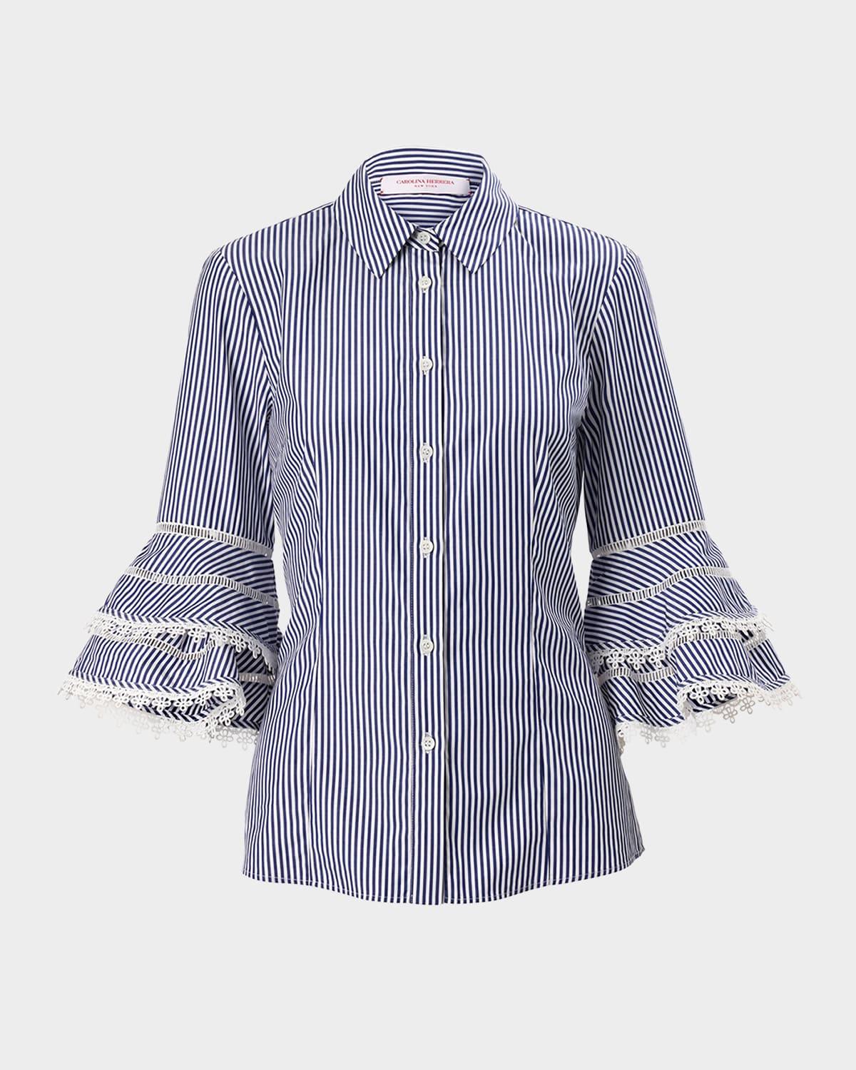 stripe tiered ruffle sleeve button down top