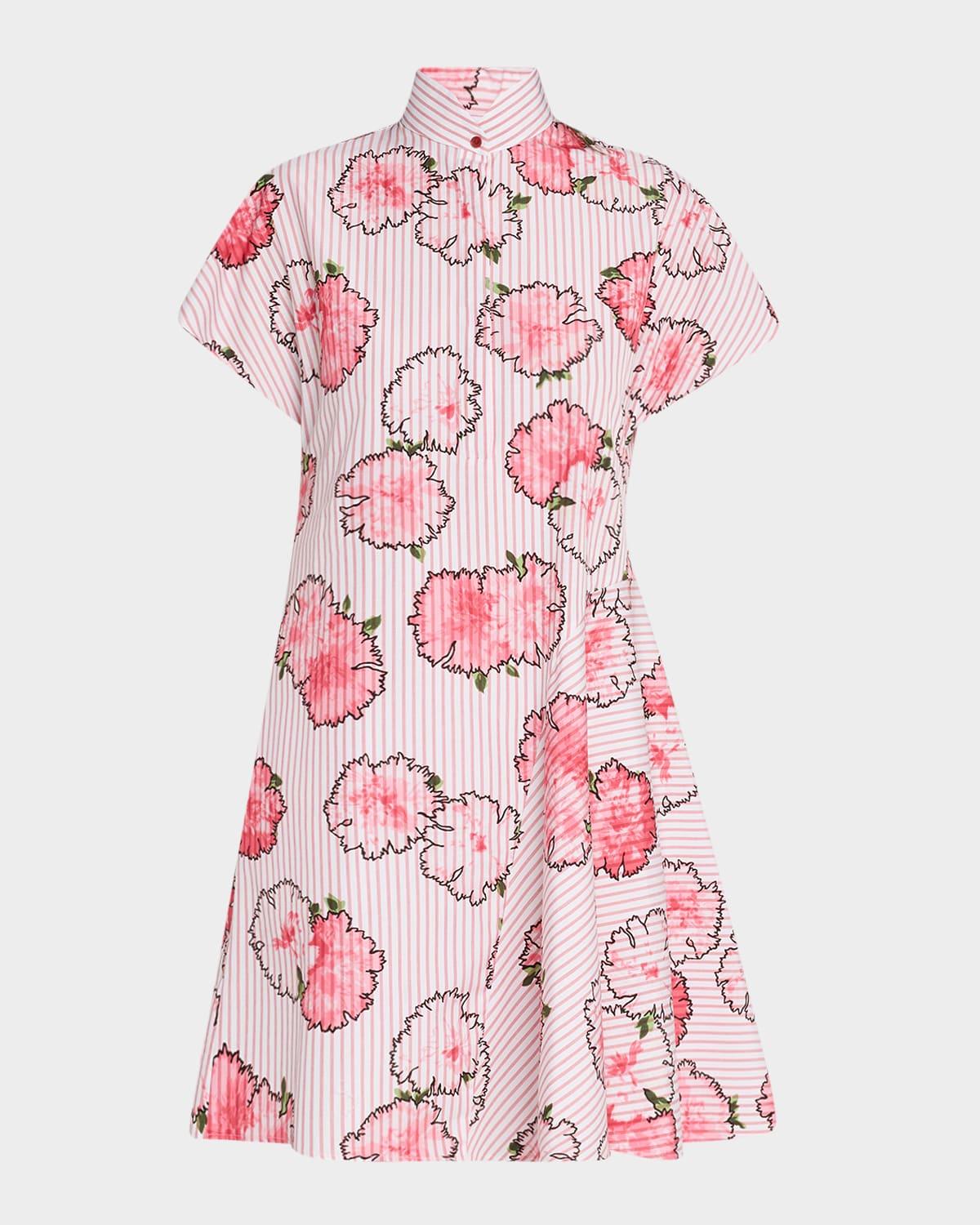 striped carnation-print cotton mini shirtdress