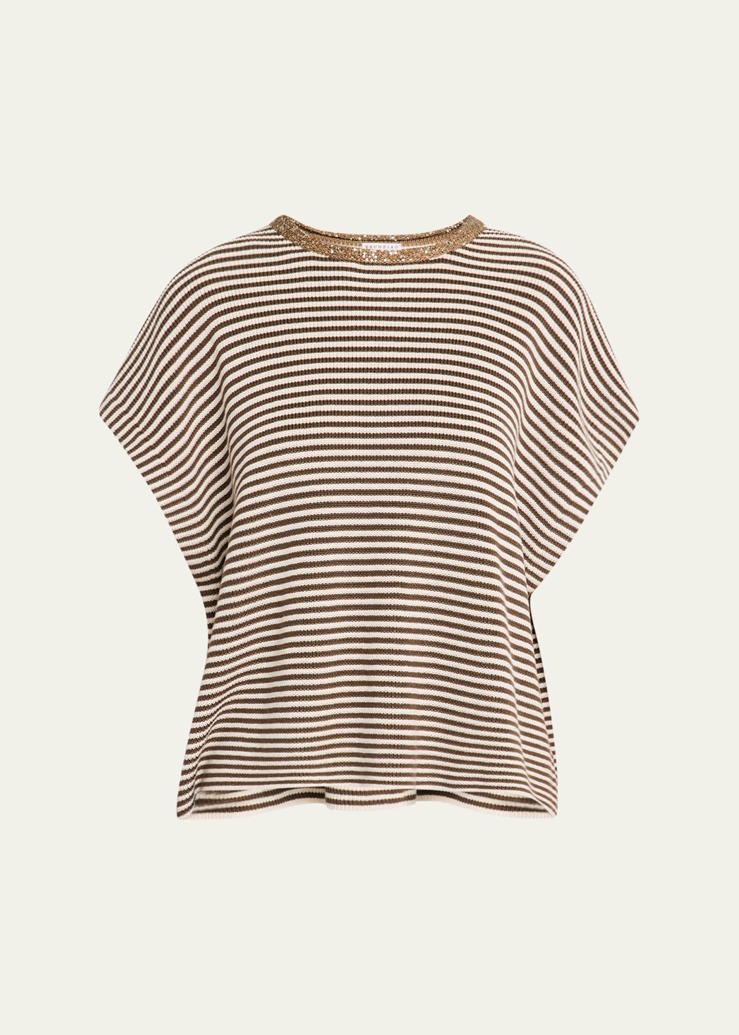 striped cotton short-sleeve paillette-neck sweater