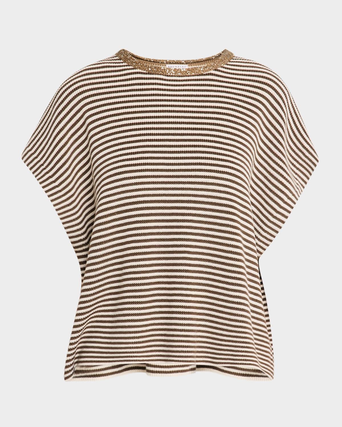 striped cotton short-sleeve paillette-neck sweater