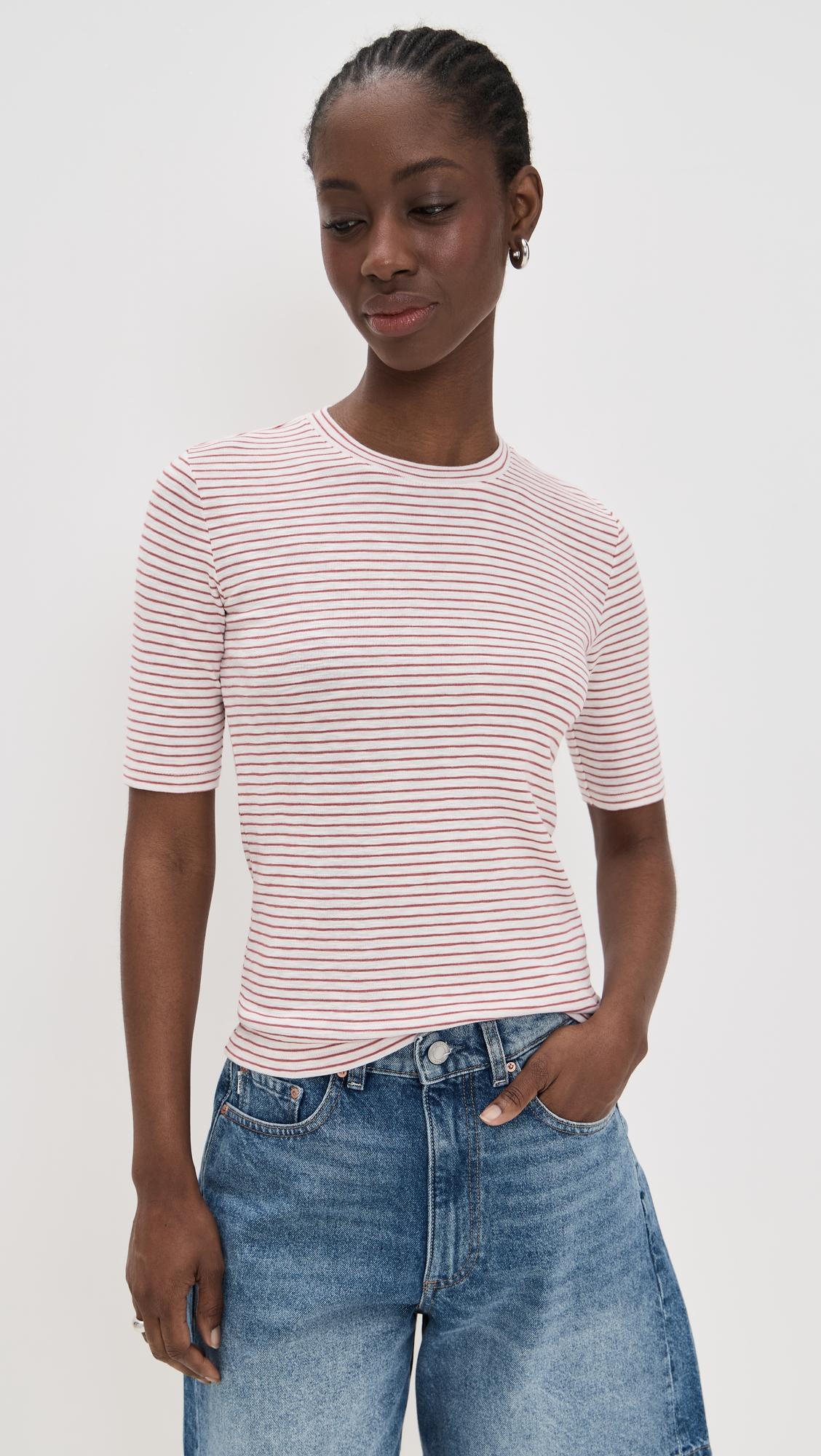 striped elbow sleeve crew tee