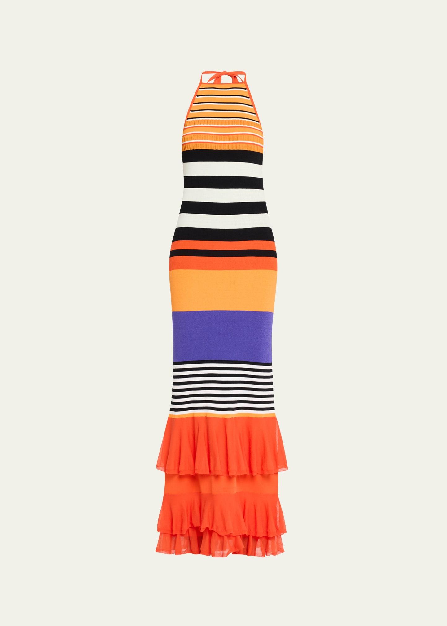 striped halter neck ruffle dress