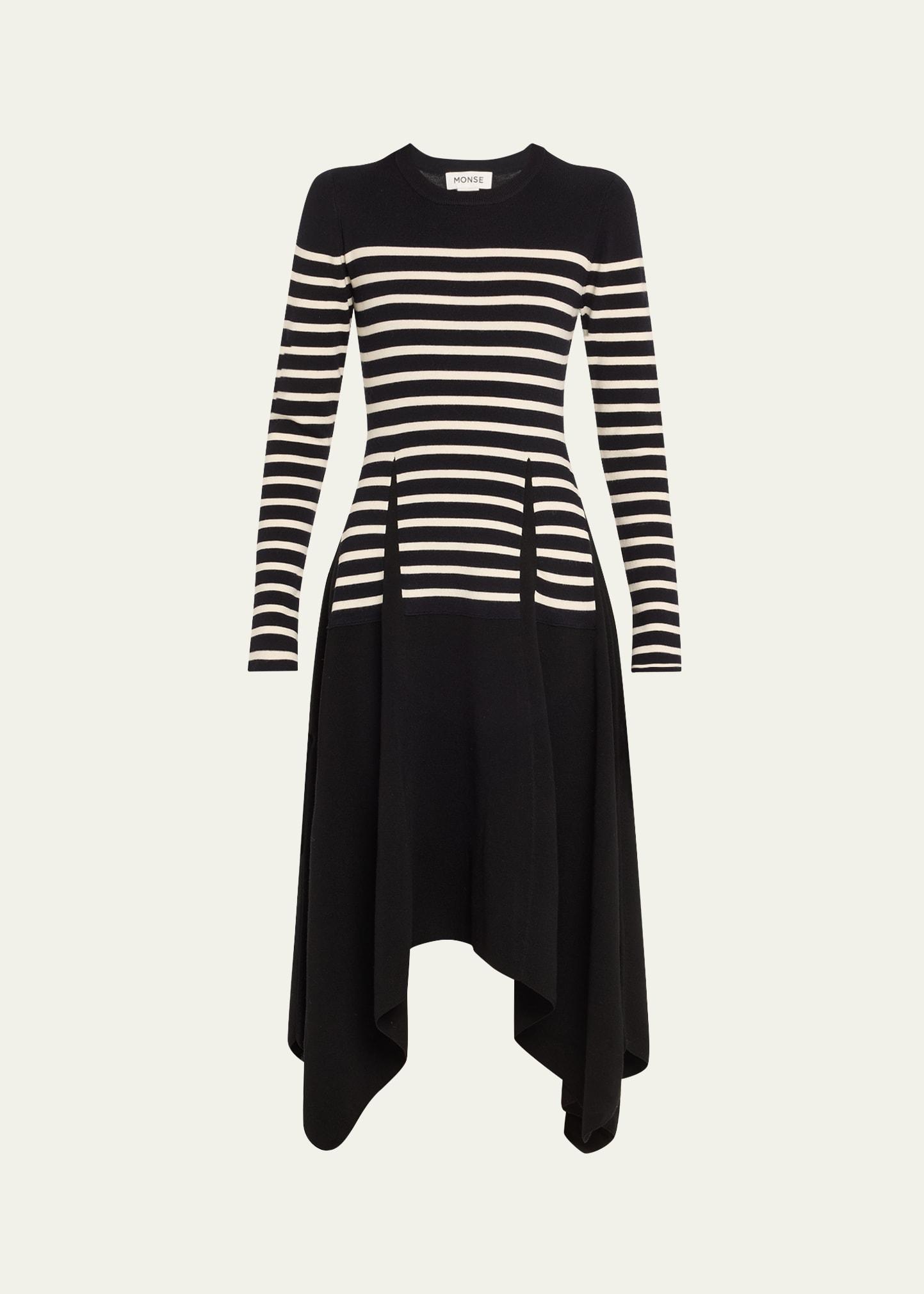 striped long sleeve midi merino wool dress