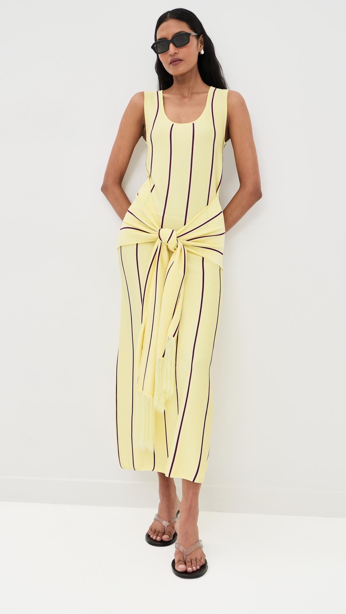 striped midi tank dress with fringe waist tie