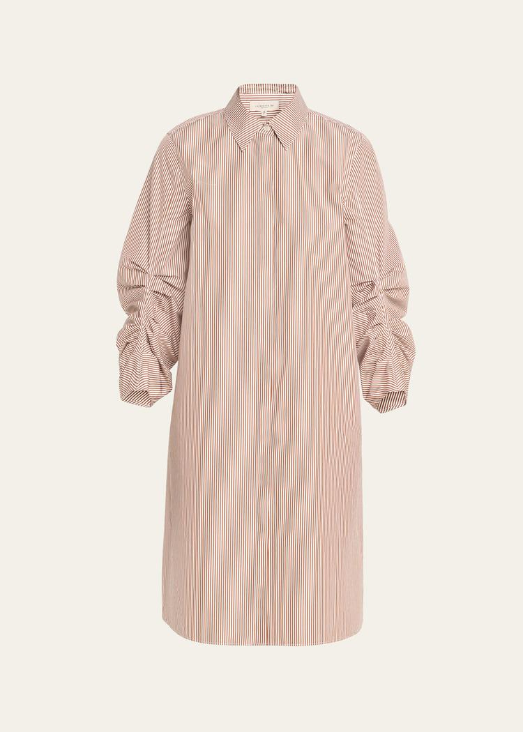 striped pleated-sleeve midi shirtdress