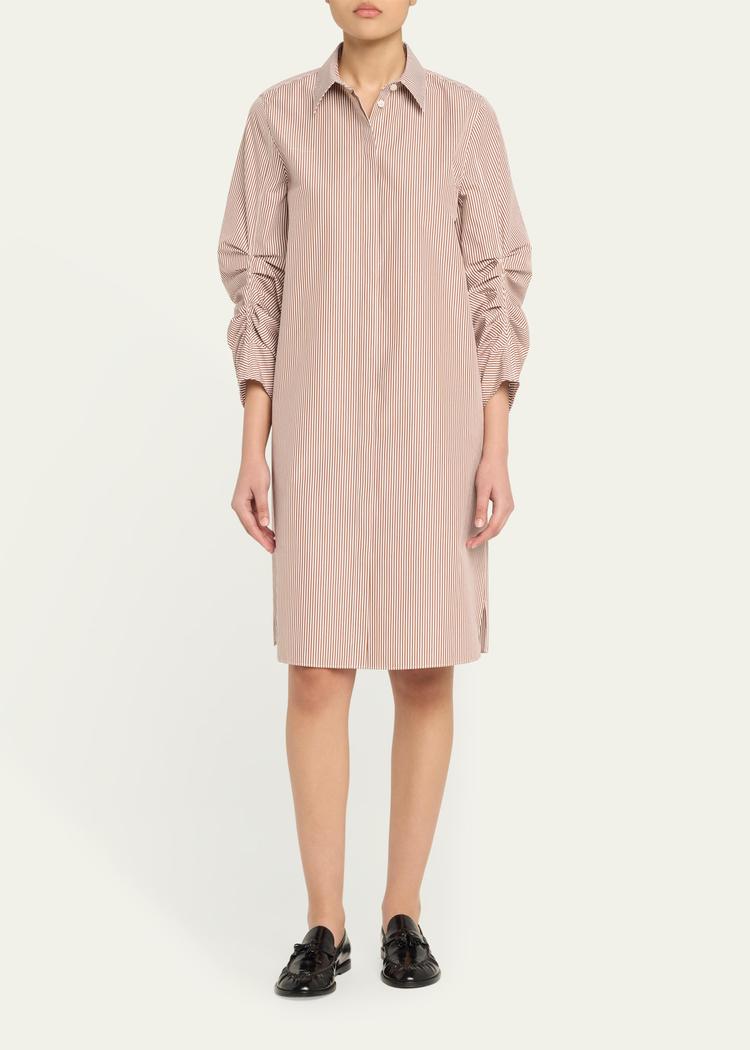 striped pleated-sleeve midi shirtdress