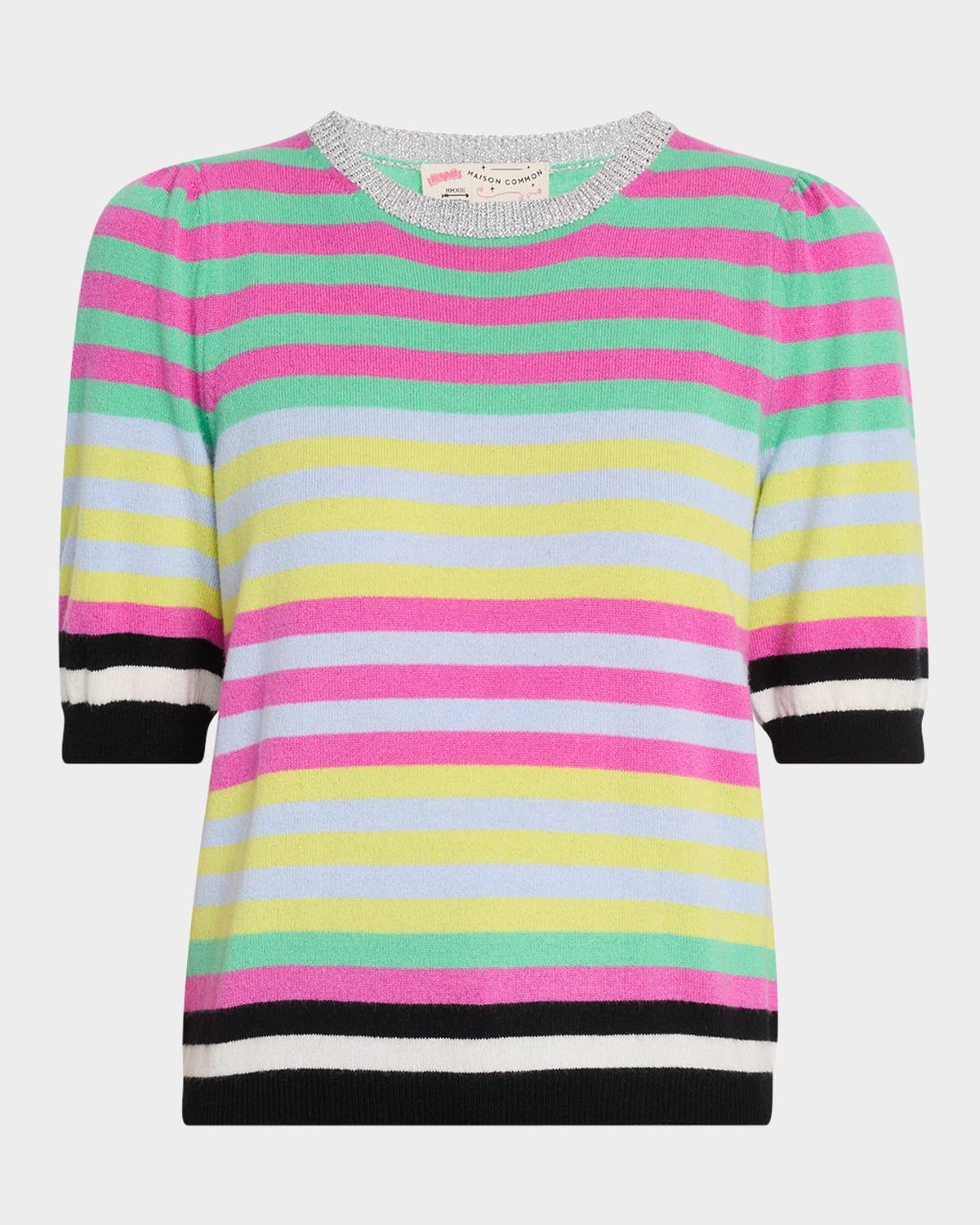 striped puff-sleeve wool-cashmere crewneck sweater