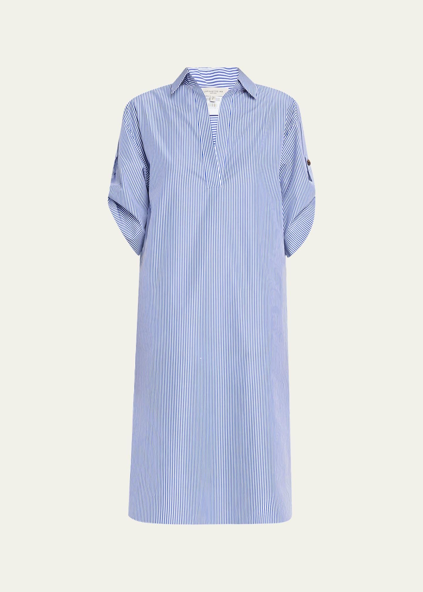 striped rolled-sleeve linen midi shirtdress
