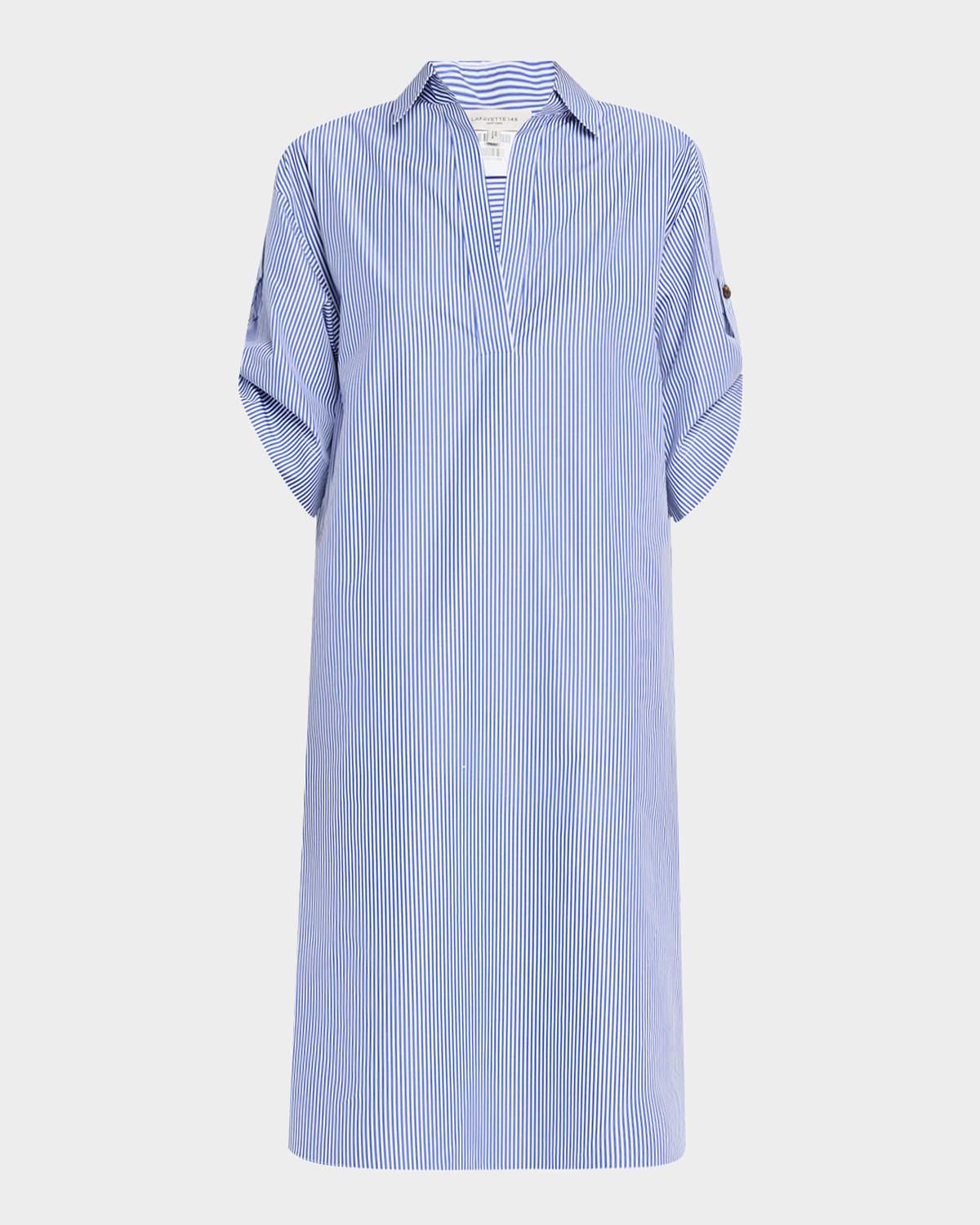 striped rolled-sleeve linen midi shirtdress