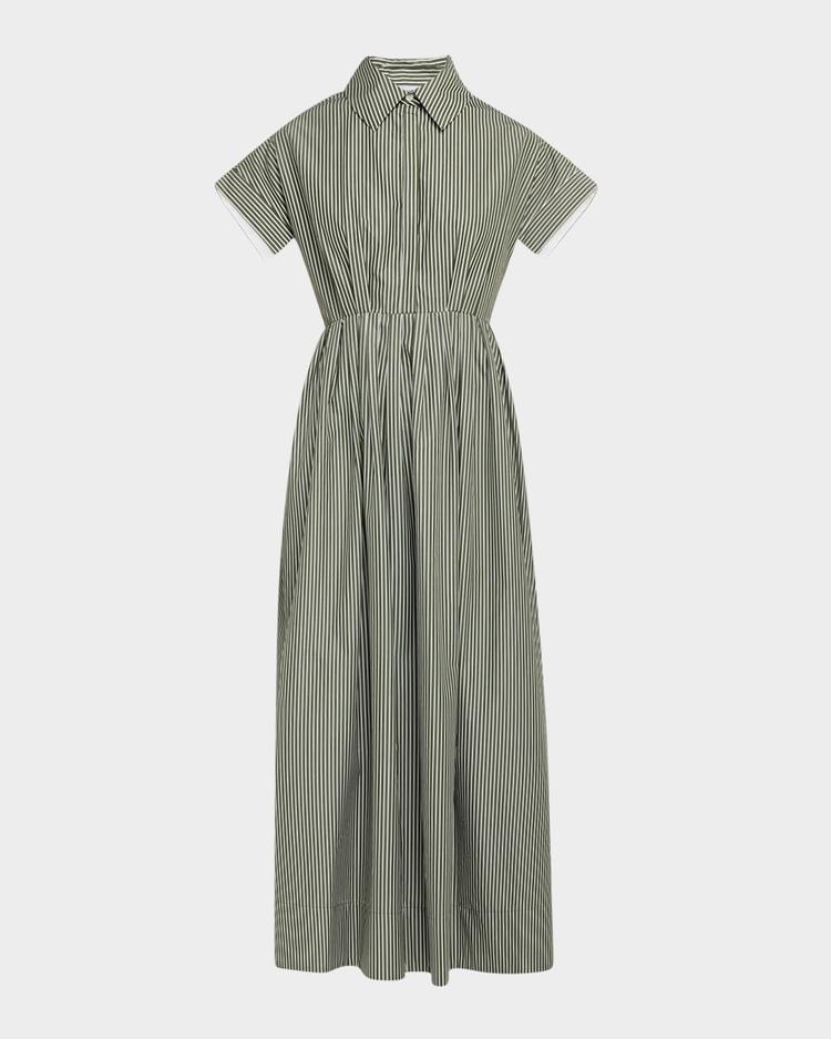 striped short-sleeve pleated midi shirtdress