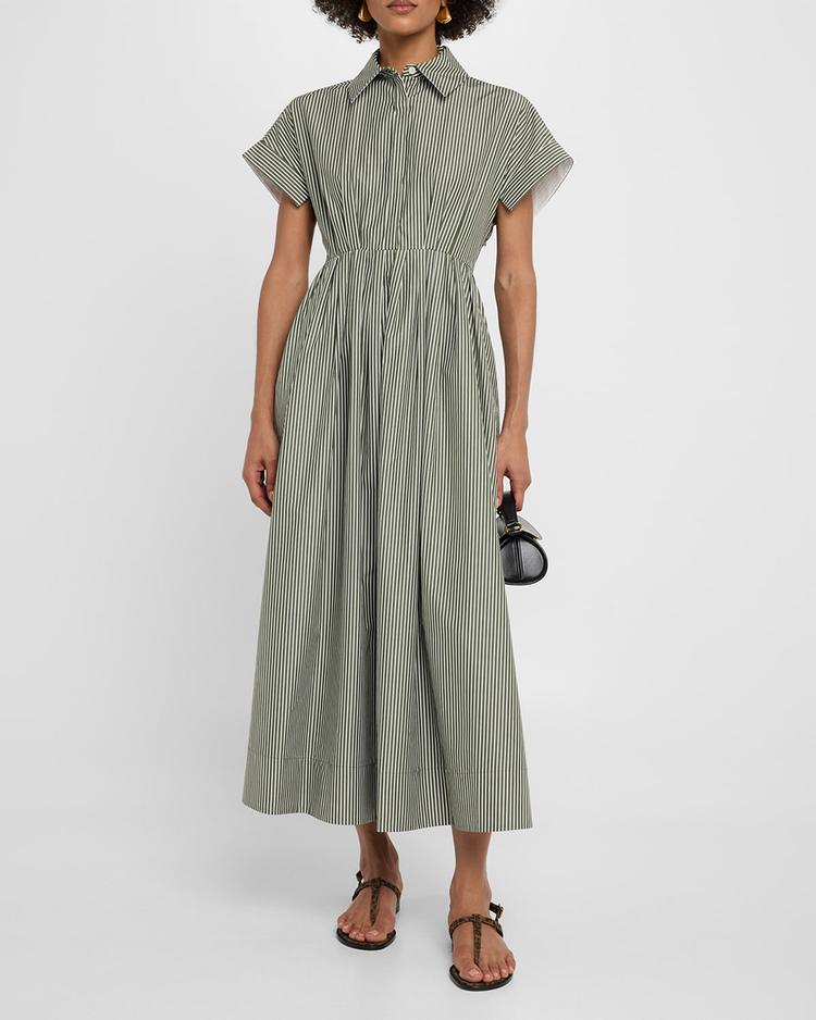 striped short-sleeve pleated midi shirtdress